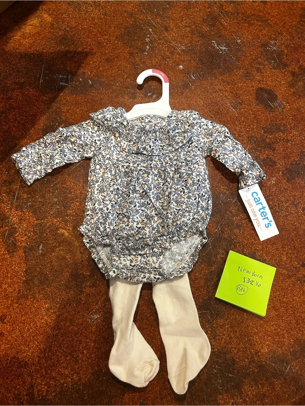 Carter's Blue Floral Long-Sleeve Bodysuit with Cream Tights